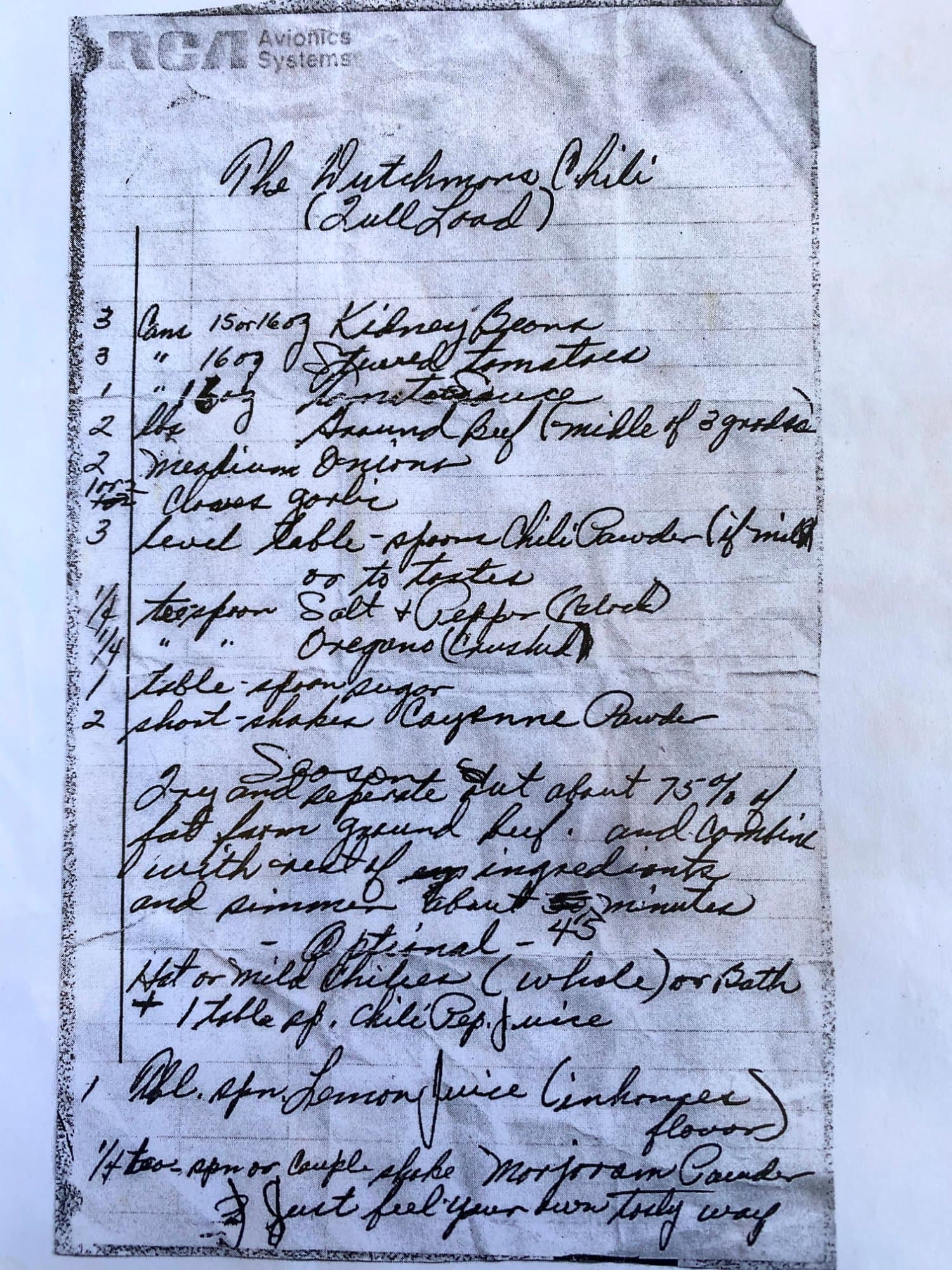 Original handwritten card: The Dutchman's Chili